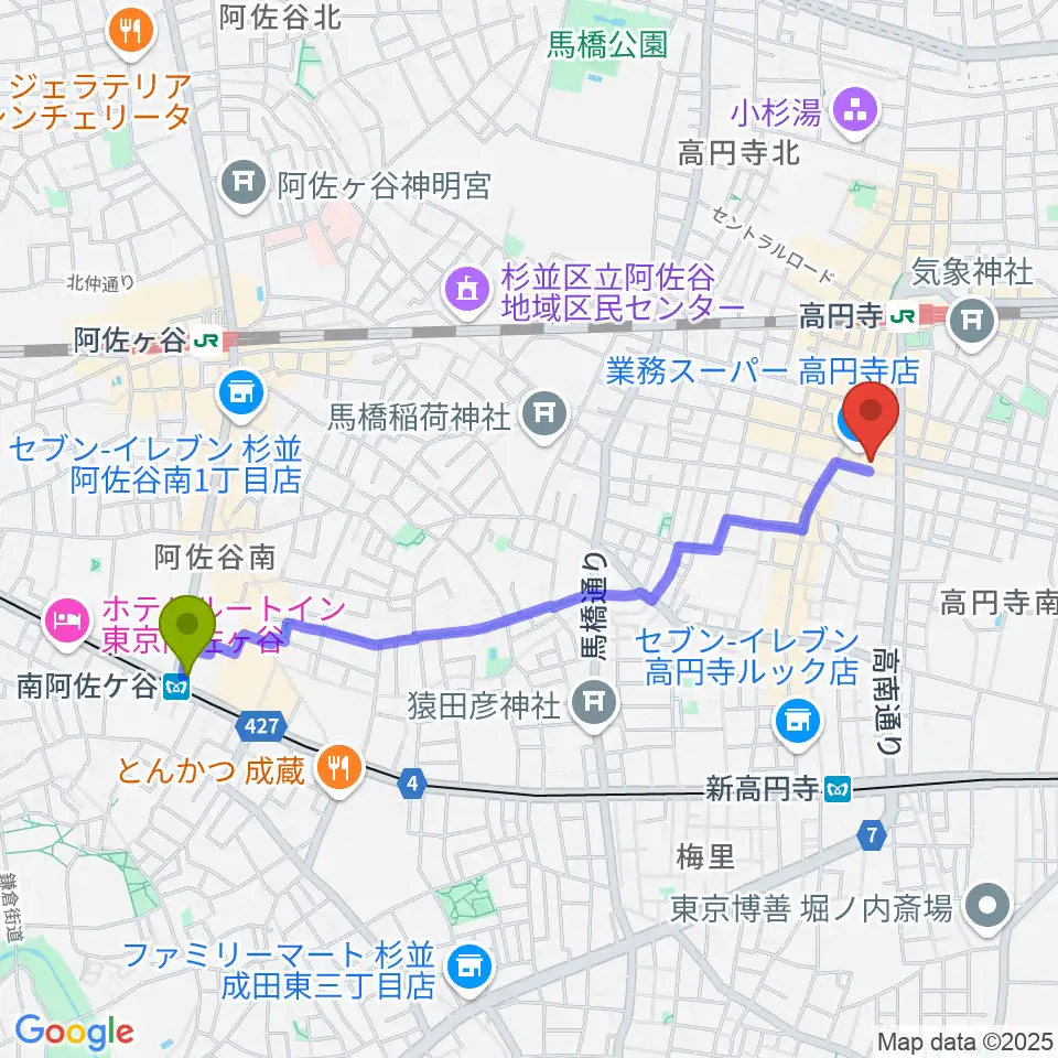 南阿佐ケ谷駅から高円寺ALONEへのルートマップ地図