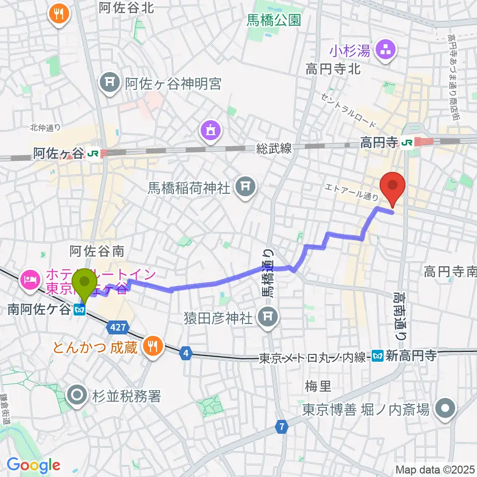 南阿佐ケ谷駅から高円寺ALONEへのルートマップ地図