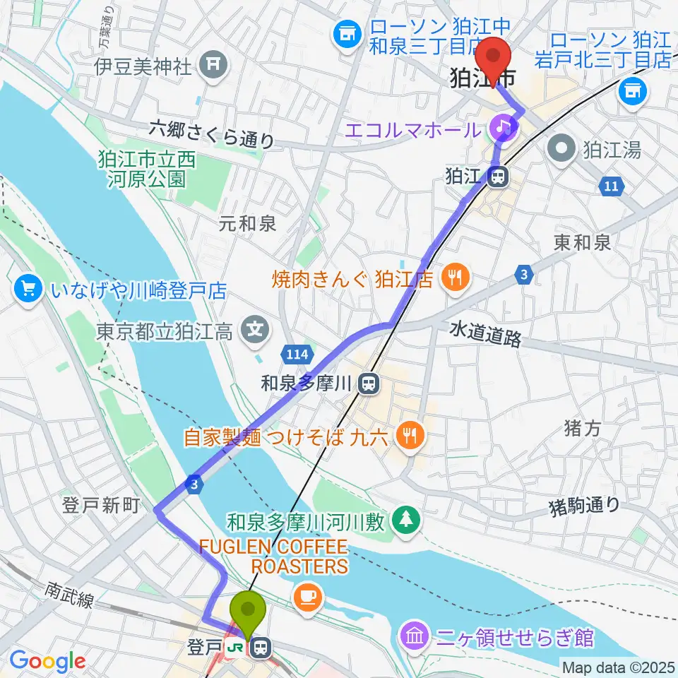 登戸駅から狛江add9thへのルートマップ地図