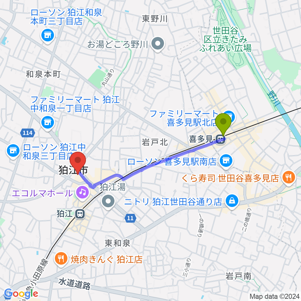 喜多見駅から狛江add9thへのルートマップ地図