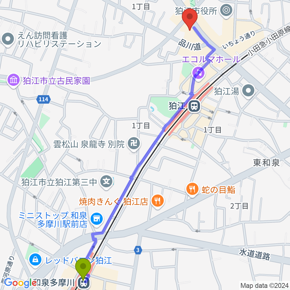 和泉多摩川駅から狛江add9thへのルートマップ地図