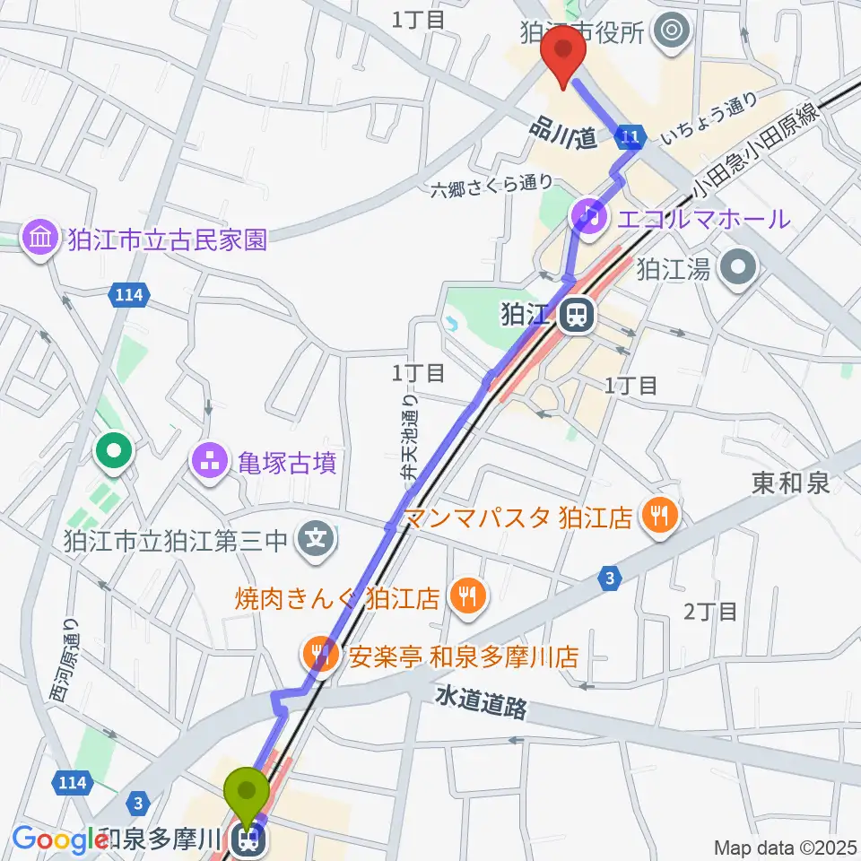 和泉多摩川駅から狛江add9thへのルートマップ地図