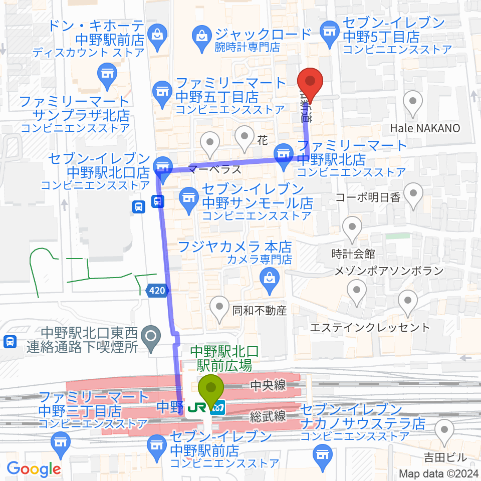 中野SweetRainの最寄駅中野駅からの徒歩ルート（約5分）地図