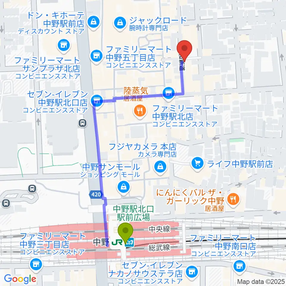 中野SweetRainの最寄駅中野駅からの徒歩ルート（約5分）地図