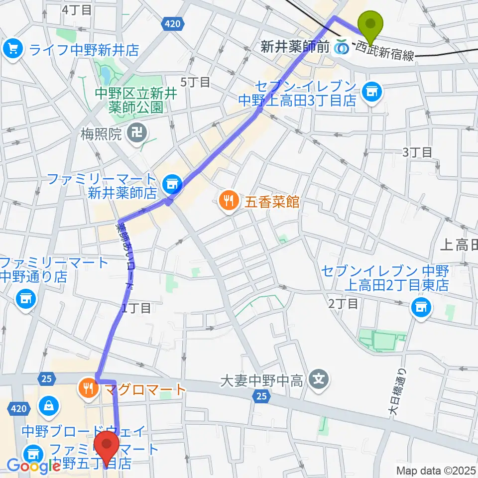 新井薬師前駅から中野SweetRainへのルートマップ地図