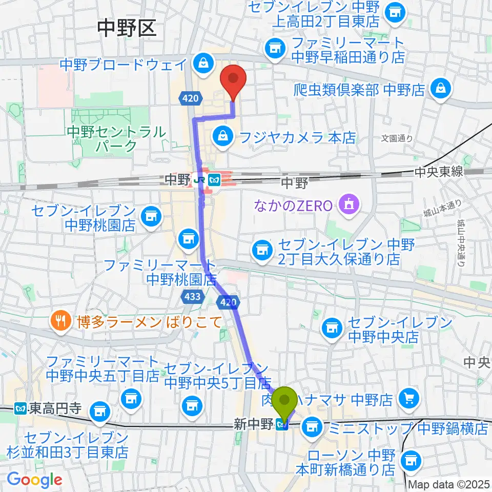 新中野駅から中野SweetRainへのルートマップ地図