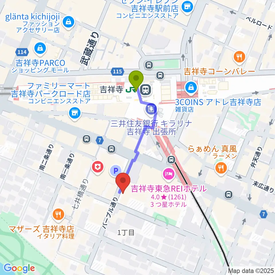 武蔵野公会堂の最寄駅吉祥寺駅からの徒歩ルート（約3分）地図