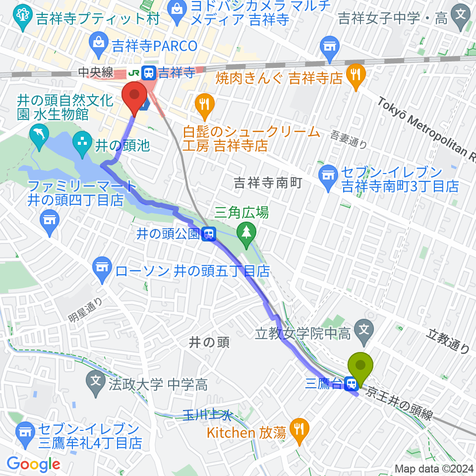 三鷹台駅から武蔵野公会堂へのルートマップ地図