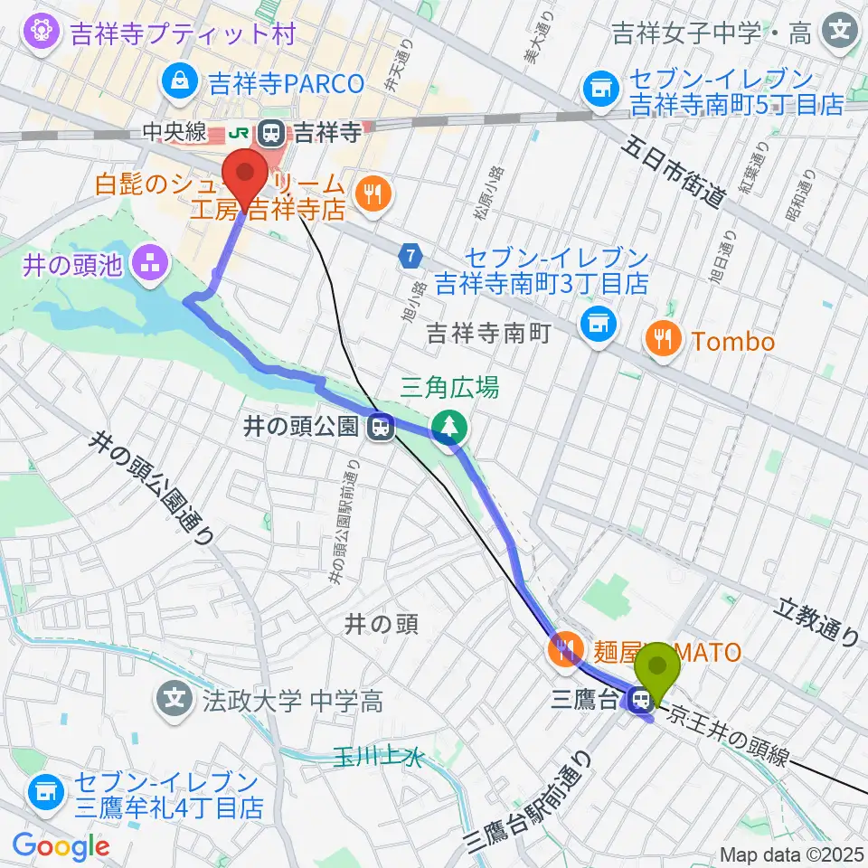 三鷹台駅から武蔵野公会堂へのルートマップ地図