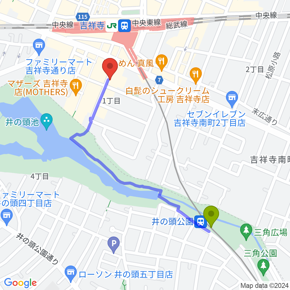 井の頭公園駅から武蔵野公会堂へのルートマップ地図