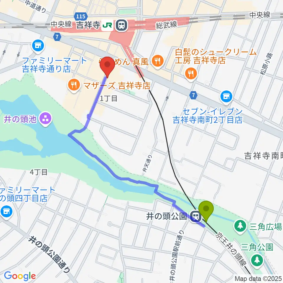 井の頭公園駅から武蔵野公会堂へのルートマップ地図