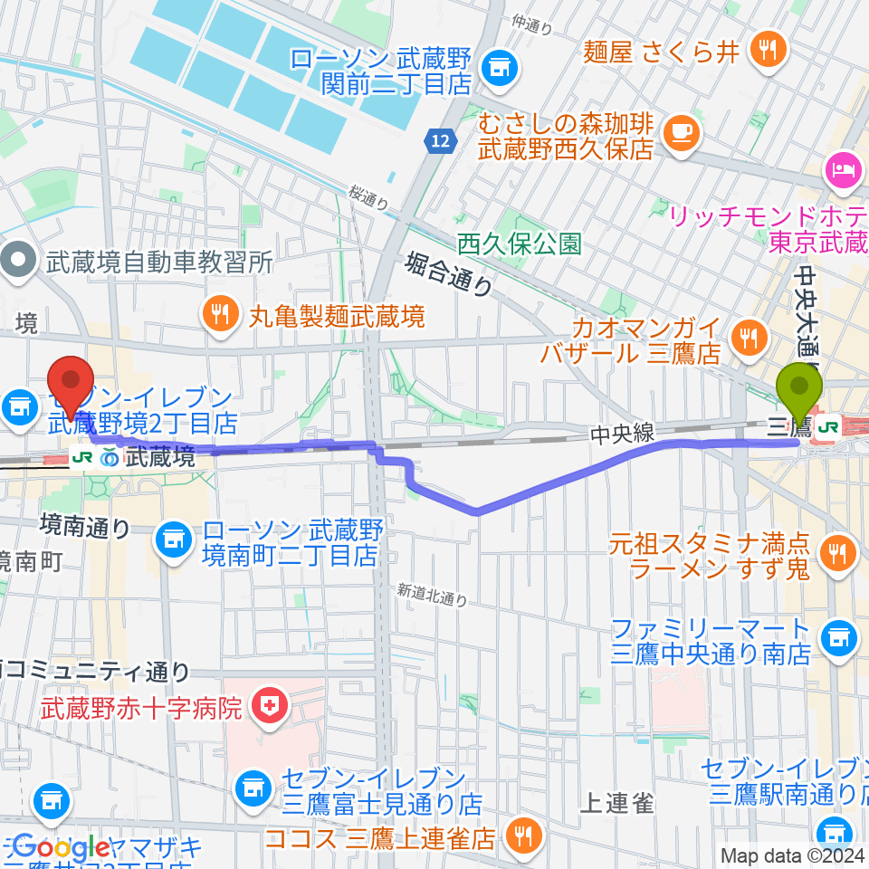 三鷹駅から武蔵野スイングホールへのルートマップ地図