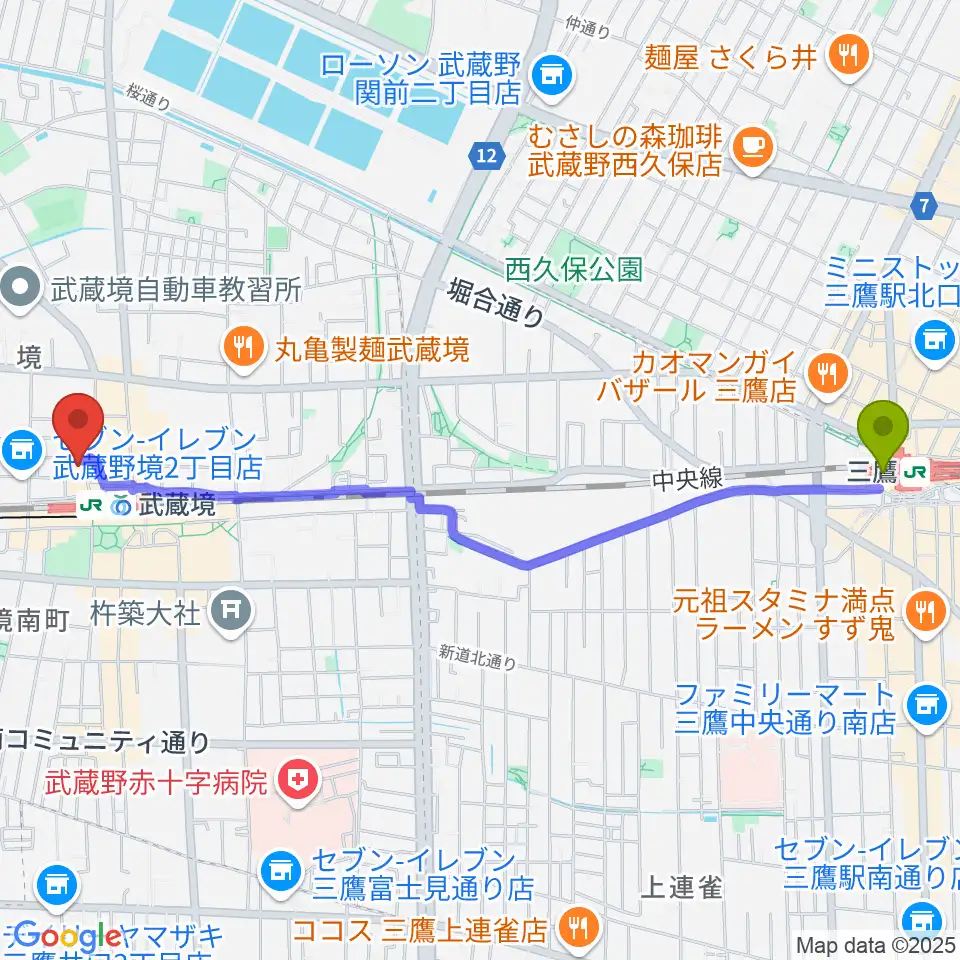 三鷹駅から武蔵野スイングホールへのルートマップ地図