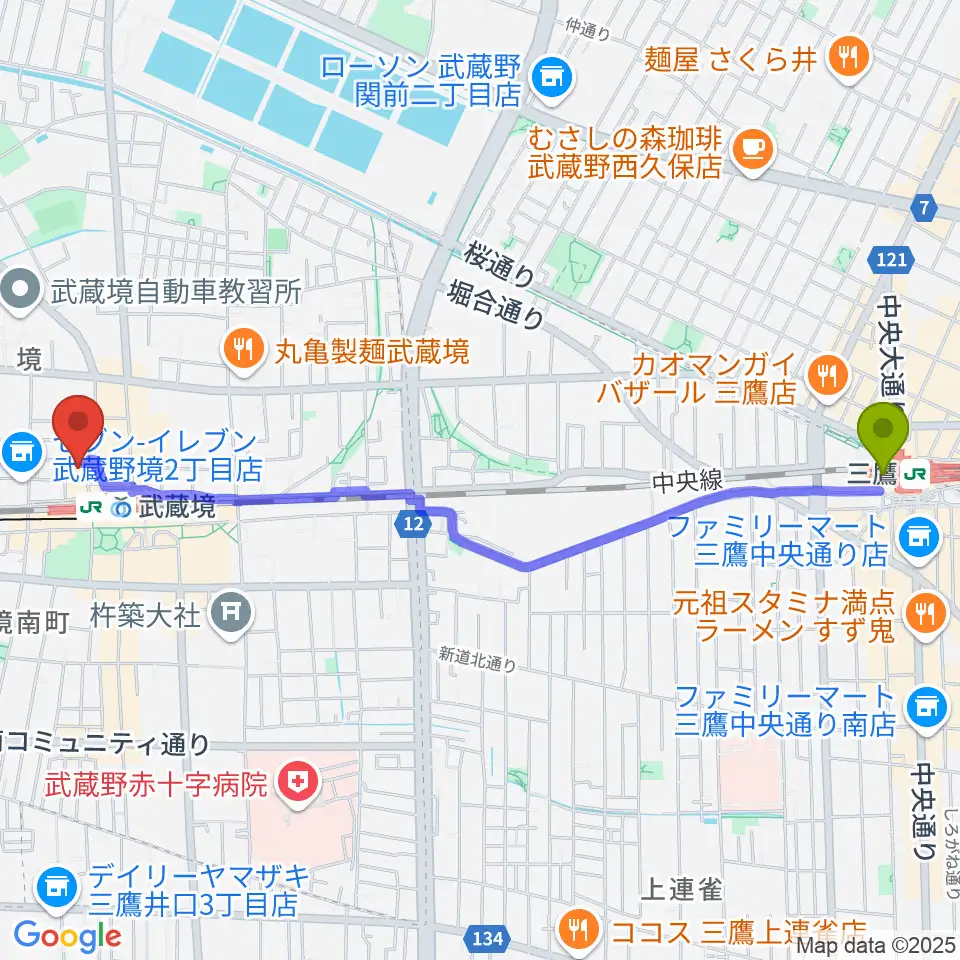 三鷹駅から武蔵野スイングホールへのルートマップ地図