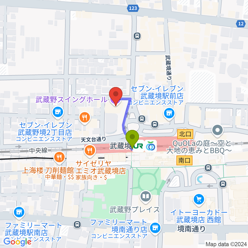 武蔵野スイングホールの最寄駅武蔵境駅からの徒歩ルート（約1分）地図