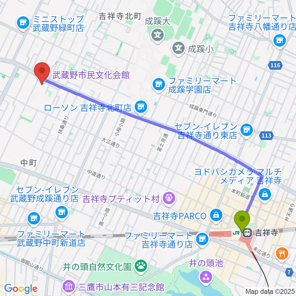 吉祥寺駅から武蔵野市民文化会館へのルートマップ地図