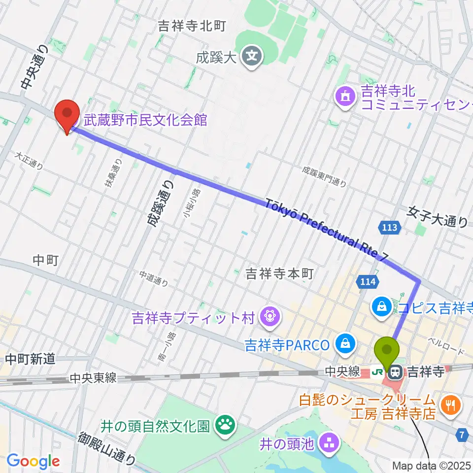 吉祥寺駅から武蔵野市民文化会館へのルートマップ地図