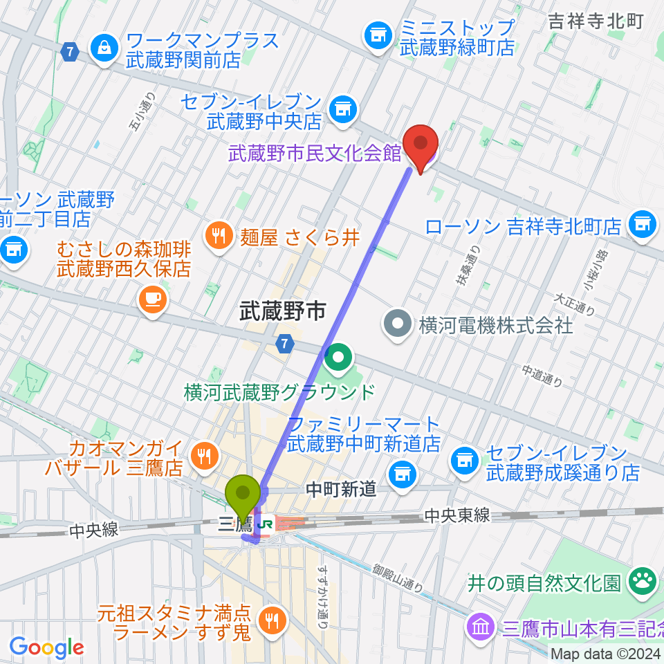 武蔵野市民文化会館の最寄駅三鷹駅からの徒歩ルート（約18分）地図