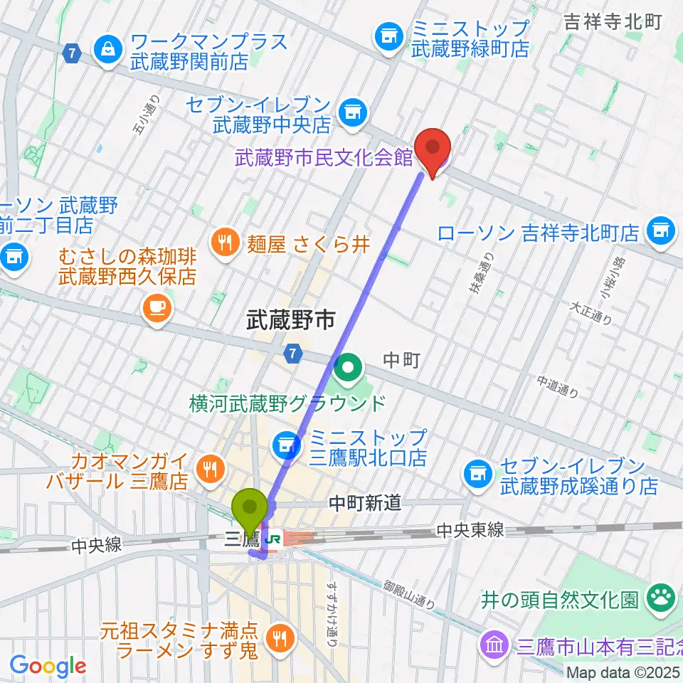 武蔵野市民文化会館の最寄駅三鷹駅からの徒歩ルート（約18分）地図