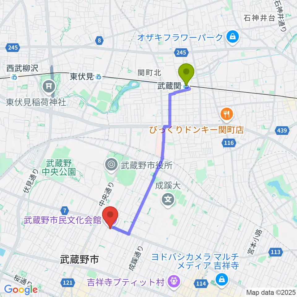 武蔵関駅から武蔵野市民文化会館へのルートマップ地図