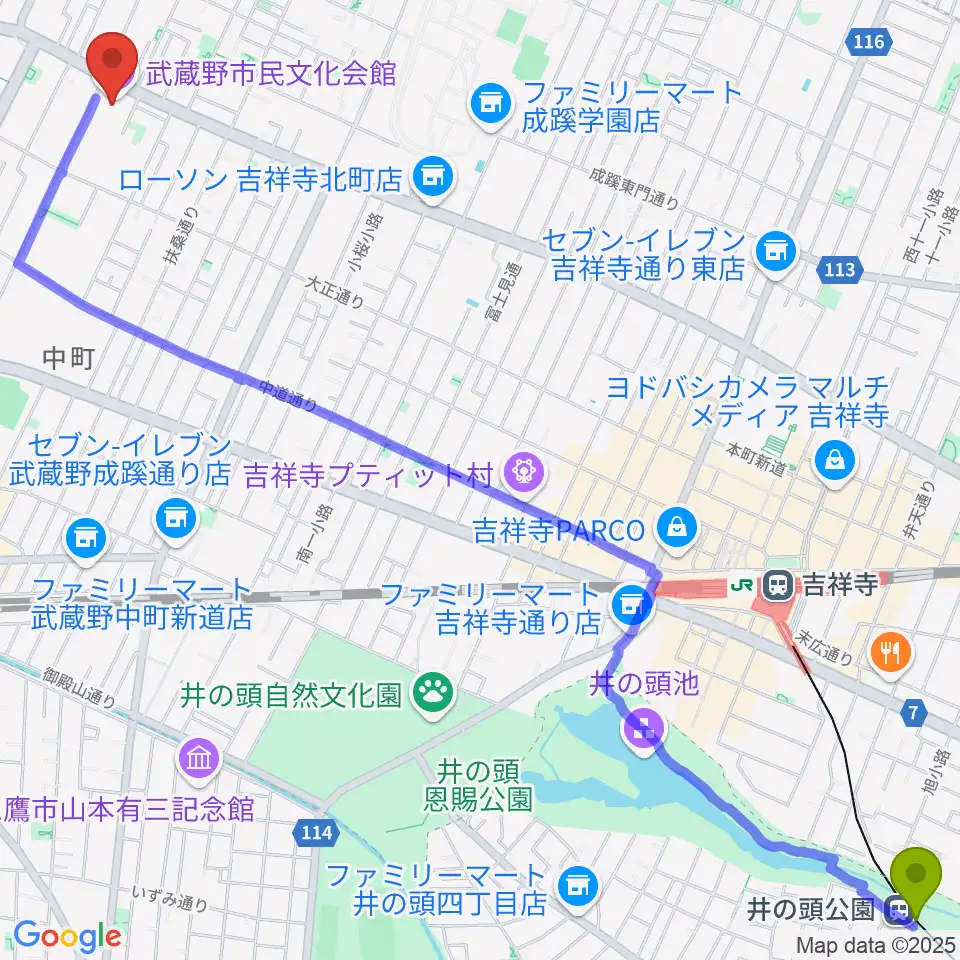 井の頭公園駅から武蔵野市民文化会館へのルートマップ地図