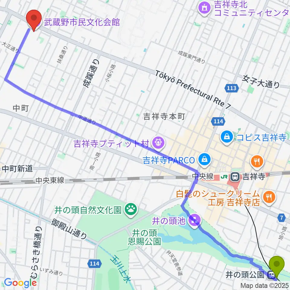 井の頭公園駅から武蔵野市民文化会館へのルートマップ地図