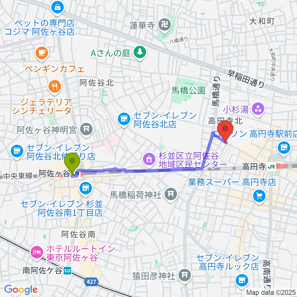 阿佐ケ谷駅から高円寺コクテイル書房へのルートマップ地図