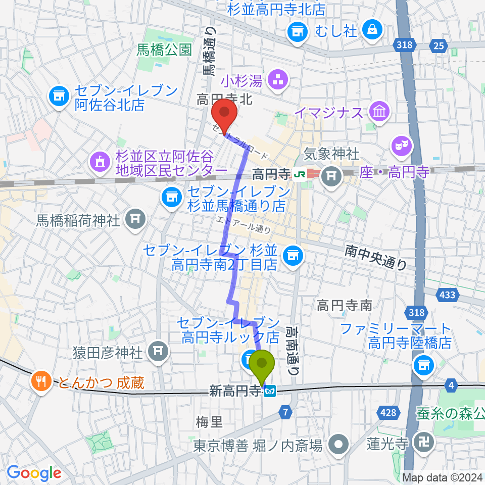 新高円寺駅から高円寺コクテイル書房へのルートマップ地図