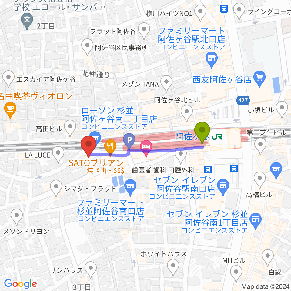 ONE VIBESの最寄駅阿佐ケ谷駅からの徒歩ルート（約3分）地図