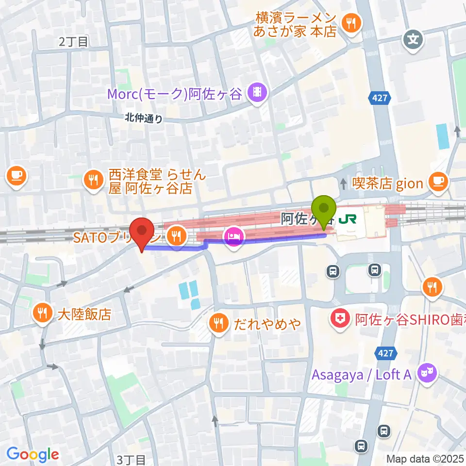 ONE VIBESの最寄駅阿佐ケ谷駅からの徒歩ルート（約3分）地図