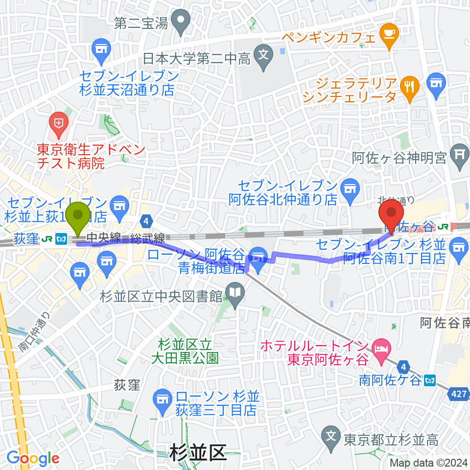荻窪駅からONE VIBESへのルートマップ地図