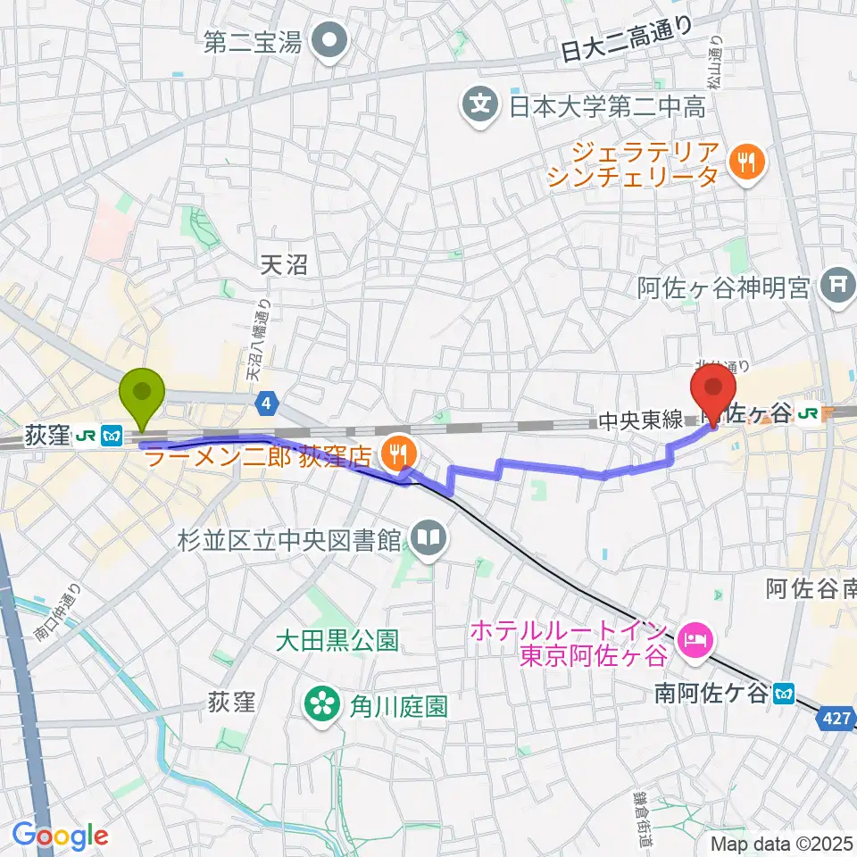 荻窪駅からONE VIBESへのルートマップ地図