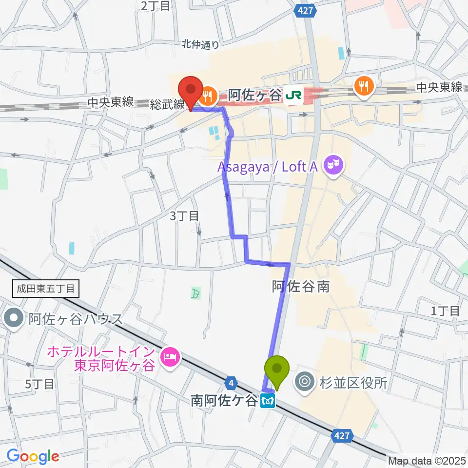 南阿佐ケ谷駅からONE VIBESへのルートマップ地図