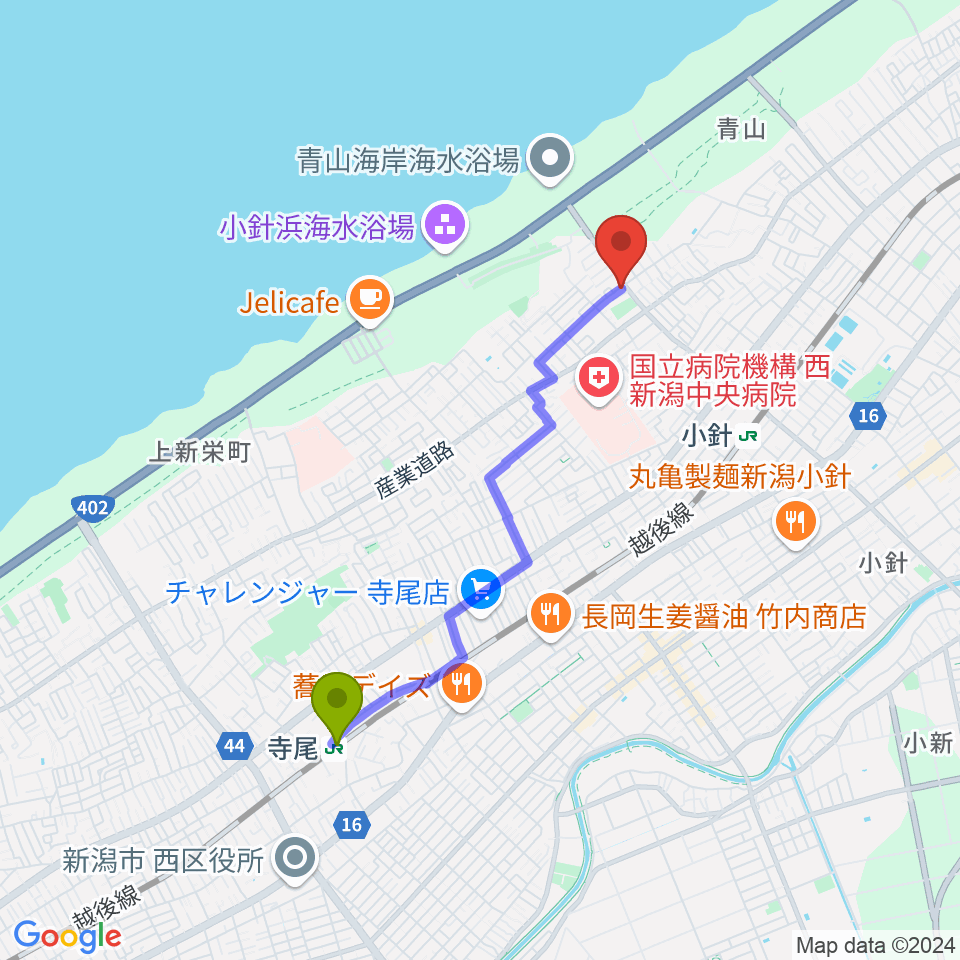 寺尾駅からギターショップイシヤマへのルートマップ地図