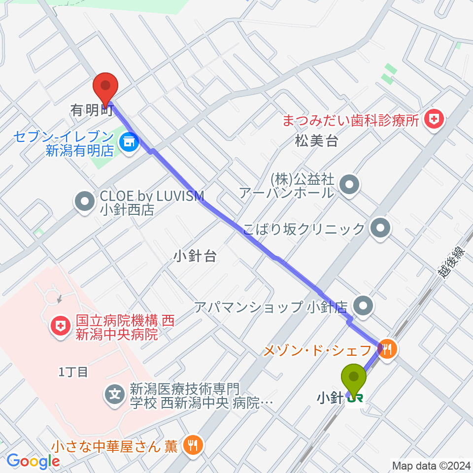 ギターショップイシヤマの最寄駅小針駅からの徒歩ルート（約12分）地図