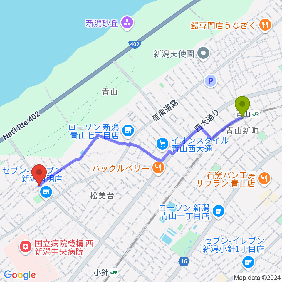 青山駅からギターショップイシヤマへのルートマップ地図