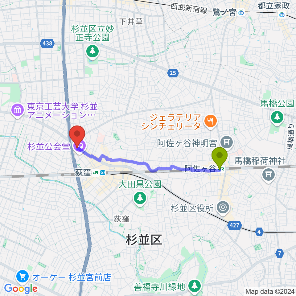 阿佐ケ谷駅から荻窪ルースターへのルートマップ地図