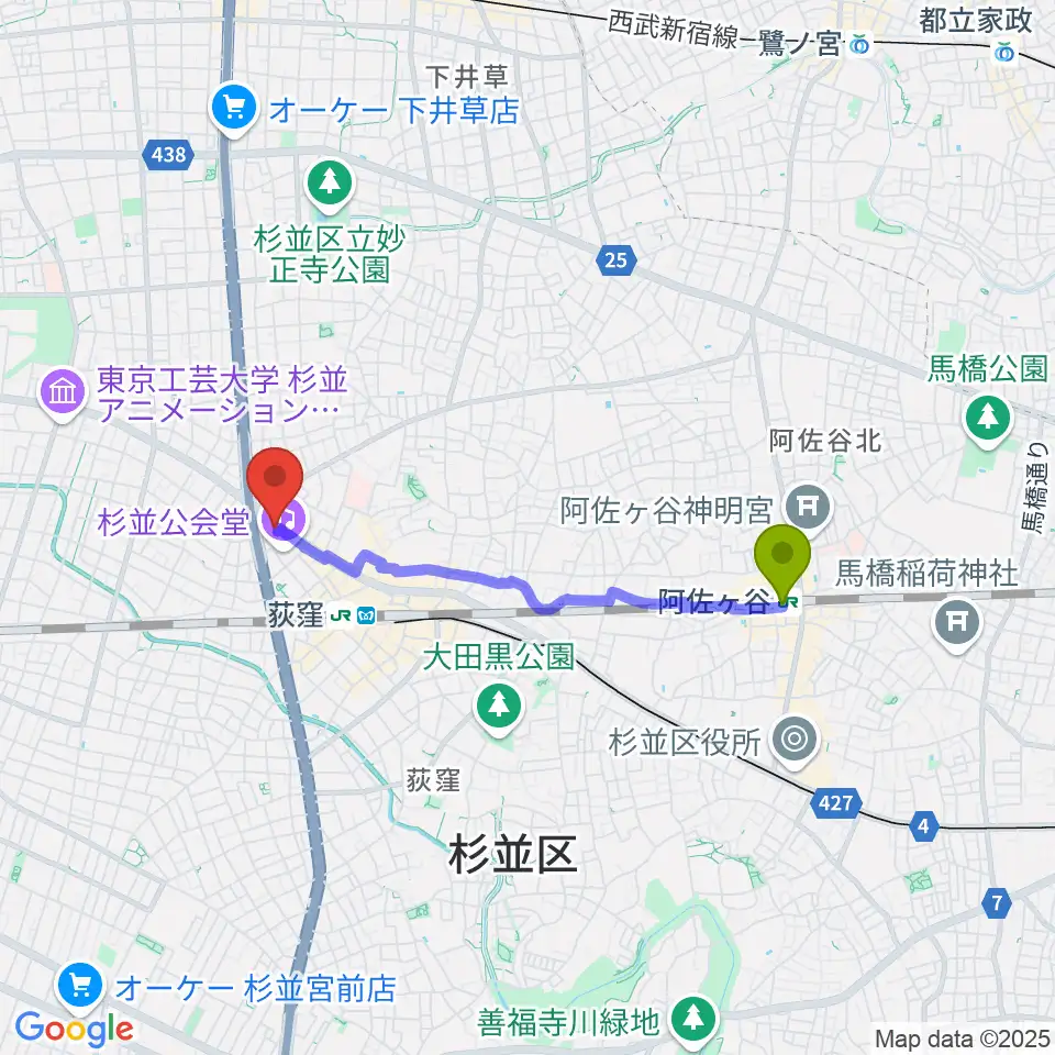 阿佐ケ谷駅から荻窪ルースターへのルートマップ地図