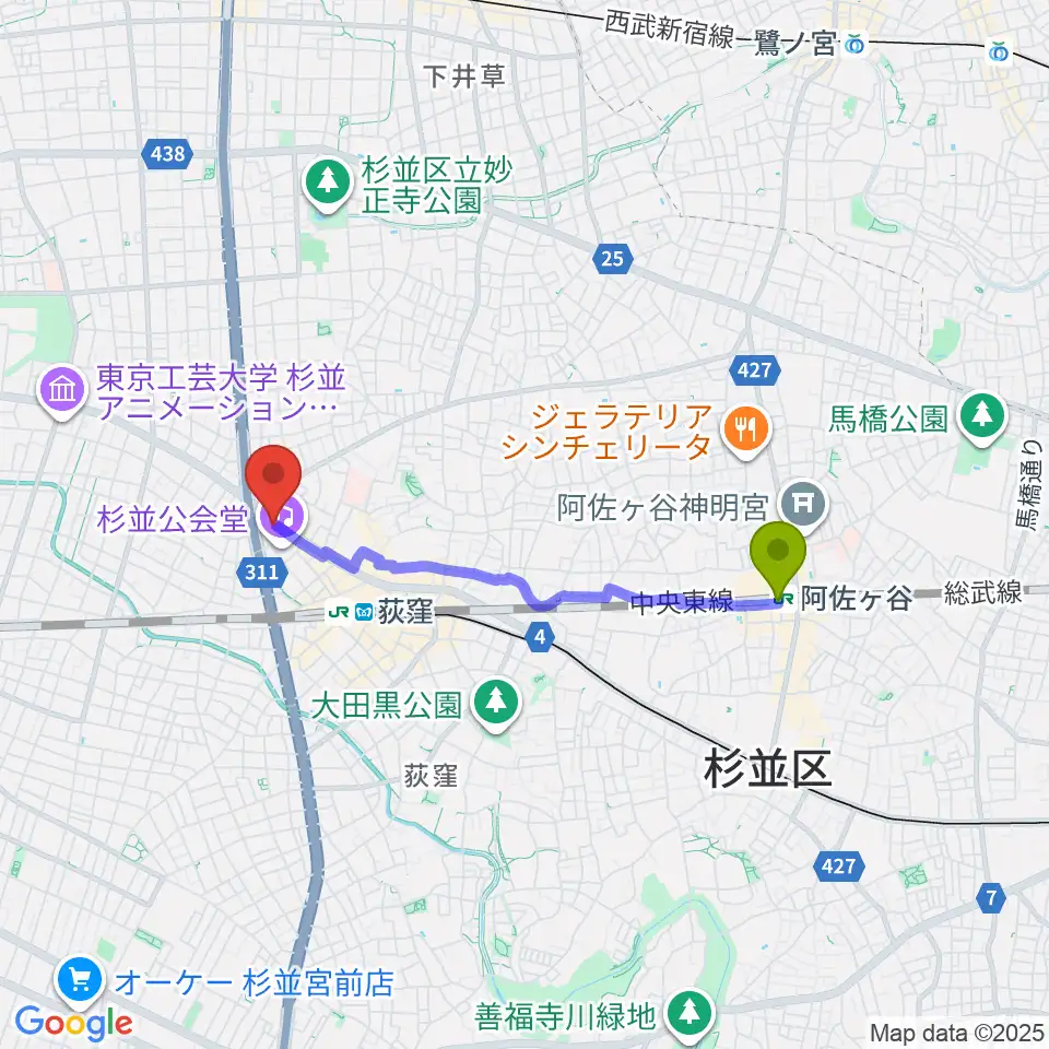 阿佐ケ谷駅から荻窪ルースターへのルートマップ地図