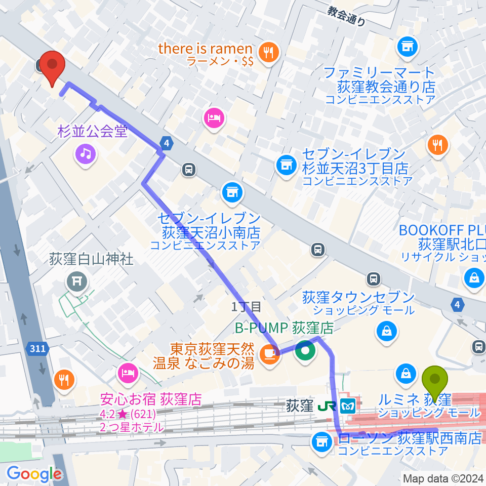 荻窪ルースターの最寄駅荻窪駅からの徒歩ルート（約8分）地図