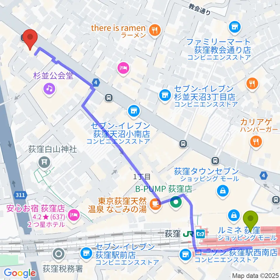 荻窪ルースターの最寄駅荻窪駅からの徒歩ルート（約8分）地図