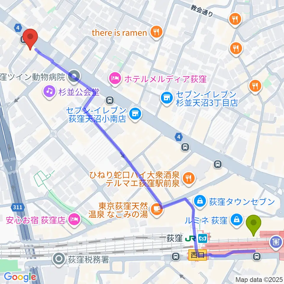 荻窪ルースターの最寄駅荻窪駅からの徒歩ルート（約8分）地図