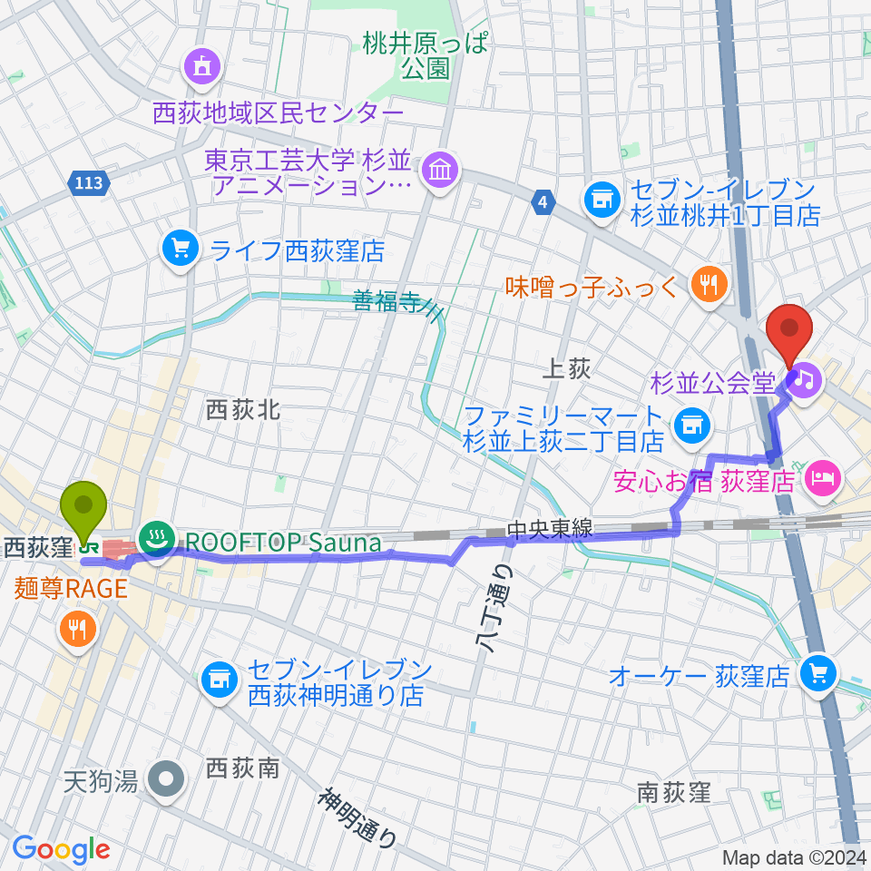 西荻窪駅から荻窪ルースターへのルートマップ地図