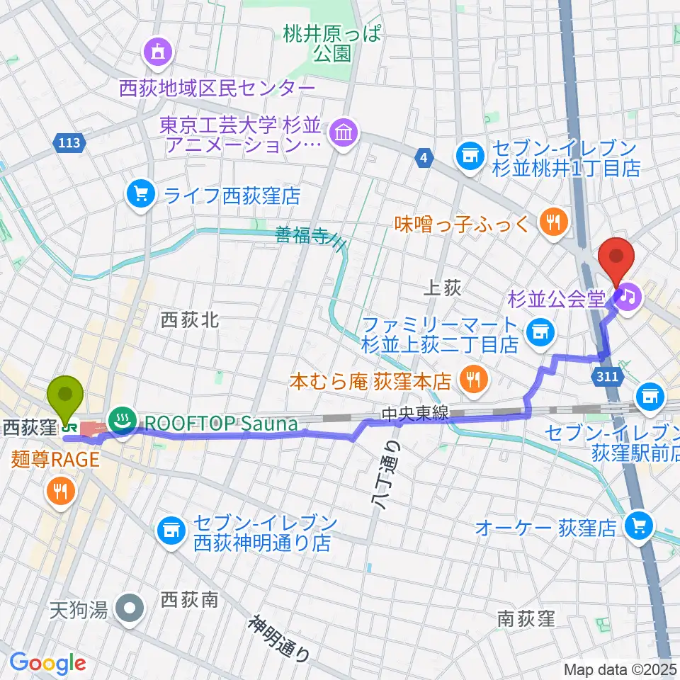 西荻窪駅から荻窪ルースターへのルートマップ地図