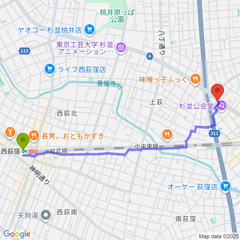 西荻窪駅から荻窪ルースターへのルートマップ地図