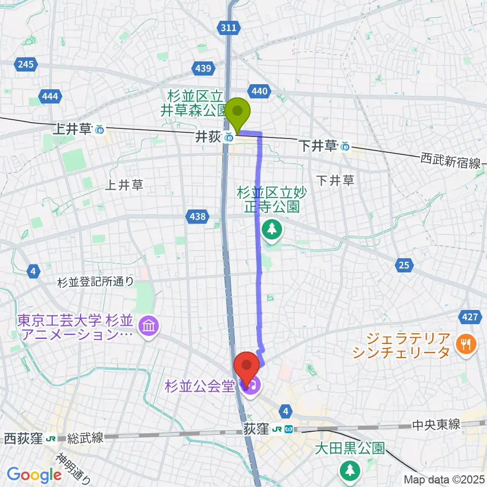 井荻駅から荻窪ルースターへのルートマップ地図