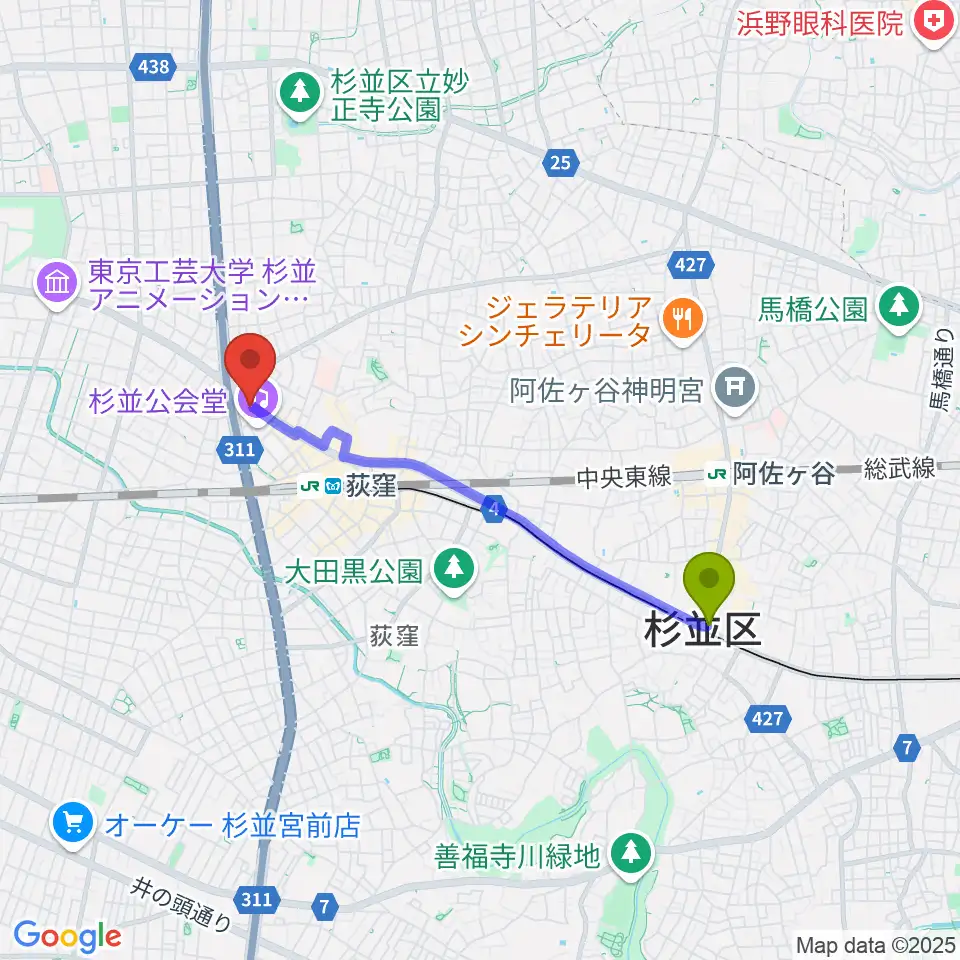 南阿佐ケ谷駅から荻窪ルースターへのルートマップ地図