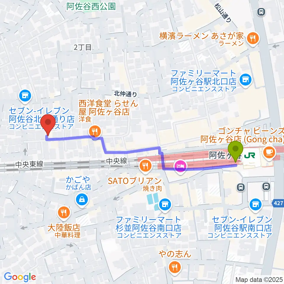 名曲喫茶ヴィオロンの最寄駅阿佐ケ谷駅からの徒歩ルート（約5分）地図