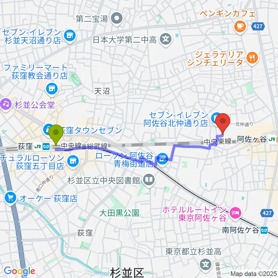 荻窪駅から名曲喫茶ヴィオロンへのルートマップ地図