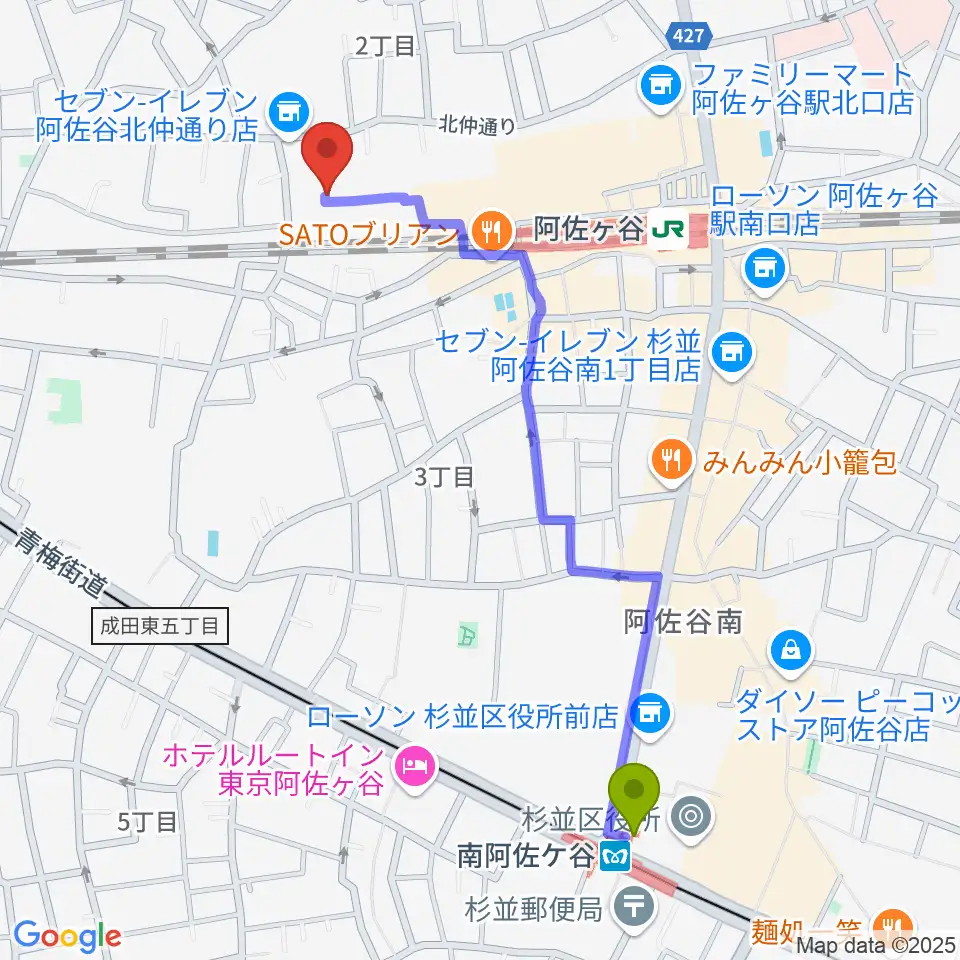 南阿佐ケ谷駅から名曲喫茶ヴィオロンへのルートマップ地図